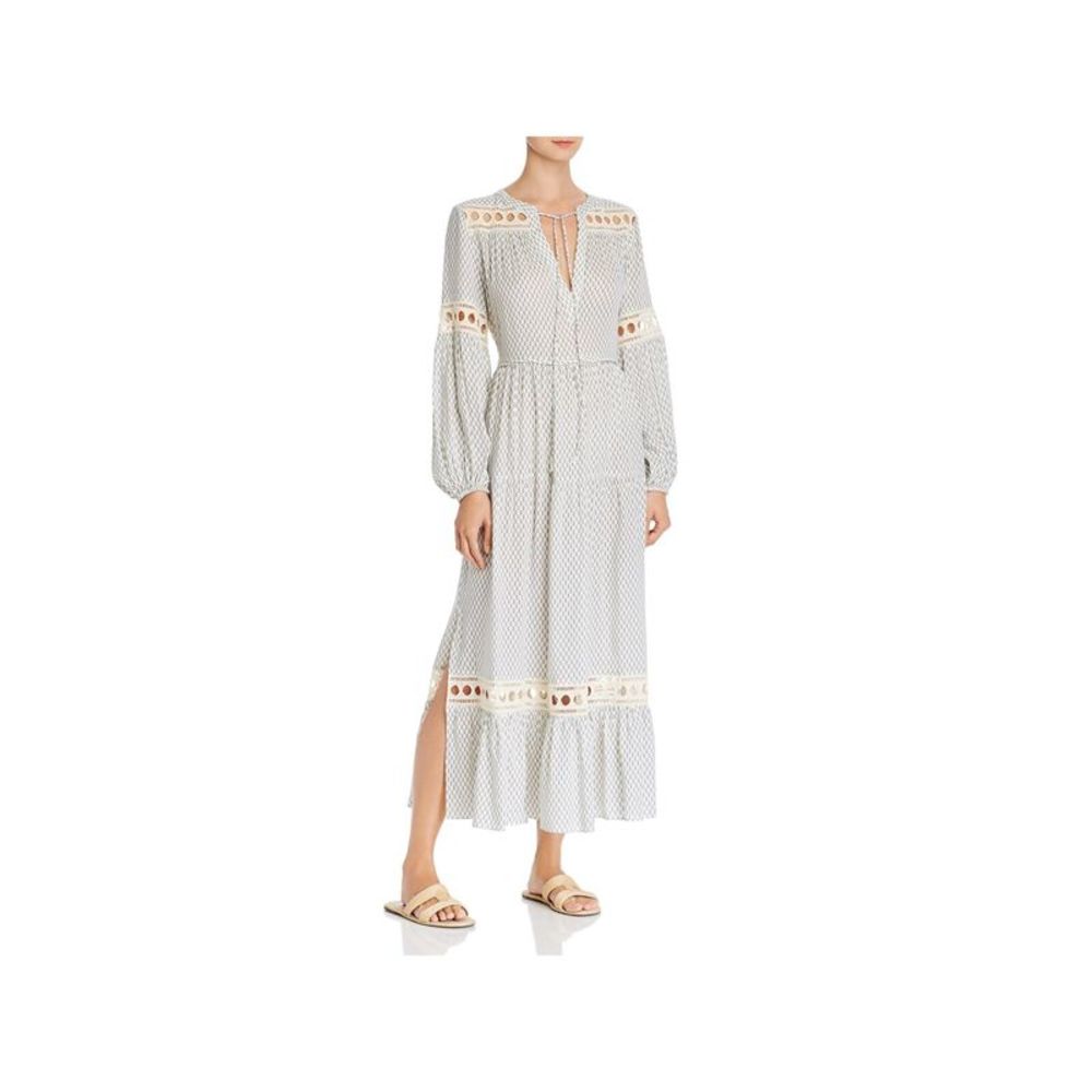 LEMLEM Womens Beige Cut Out Metallic Peasant Long Sleeve Tie Neck Maxi Dress L